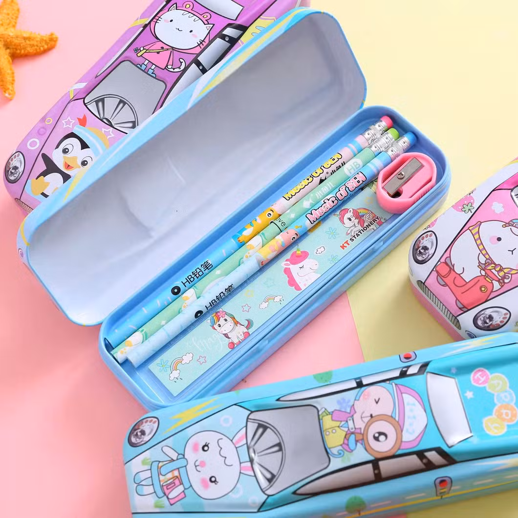 Factory Wholesale Cute Tinplate Pencil Case, Creative 3D Cartoon Car Stationery Box for Children