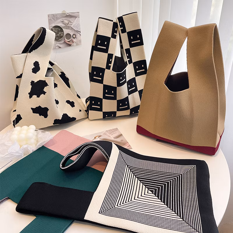 Sh2442 Crochet Storage Tote Bags Traveling Foldable Purse Cute Blank for Women Large Custom with Logo Hand Wholesale Handmade Checkerboard Knitted Bag