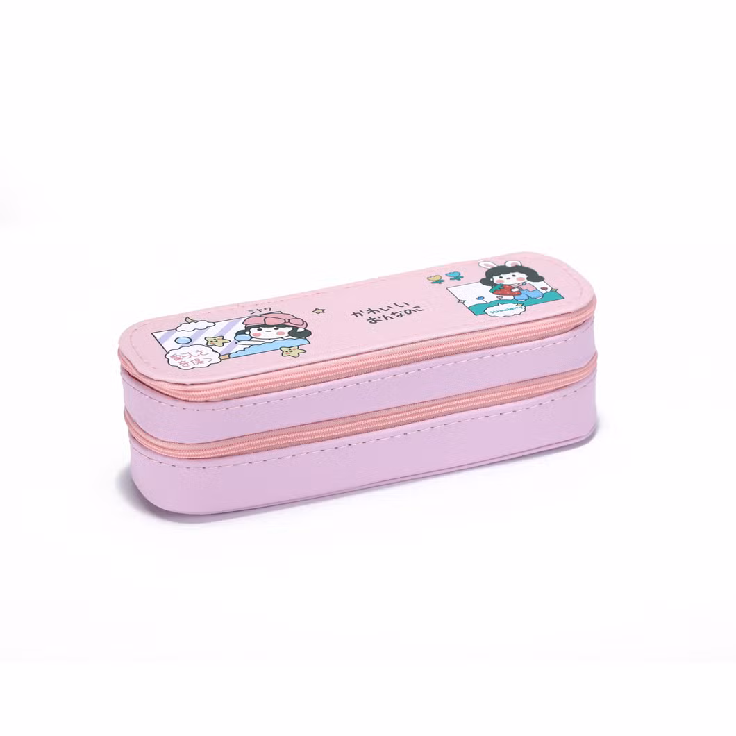 Wholesale Full Color Printing PU Pencil Pouch Bags Cases with 2 Layers and 2 Zippers for School Office Student Boys &amp; Girls