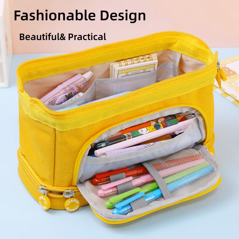 Yellow Large Capacity Pencil Case Pencil Bag Pencil Pouch Handheld Pen Bag Cosmetic Portable Bag