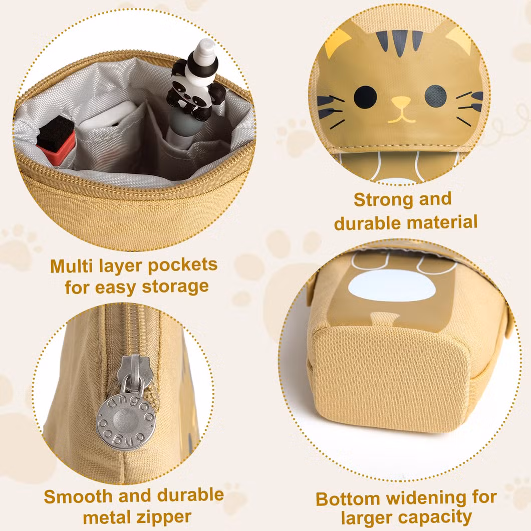 Standing Pencil Case for Girls, Boba Cat Pop up Pencil Case Cute Telescopic Pen Pouch Holder Canvas Zip Kawaii, Kids Students (Brown Cat)