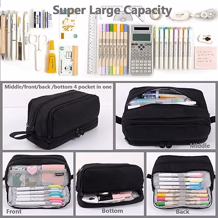 Large Capacity Pencil Case 4compartments with Zipper Handle Office College School Makeup
