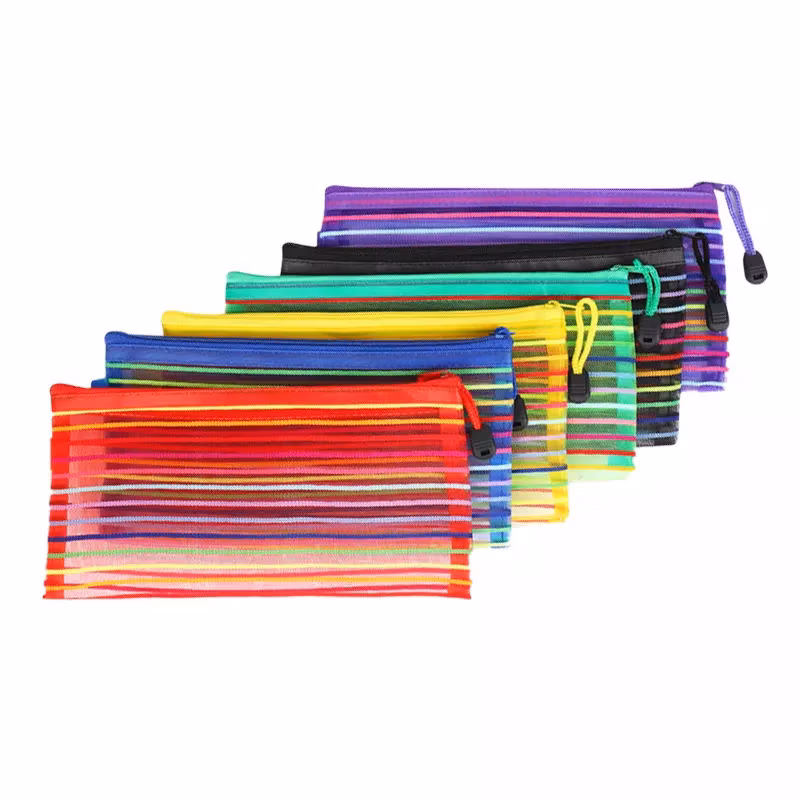 Rainbow Colors Mesh Plastic Fabric Pencil Bags with Zipper