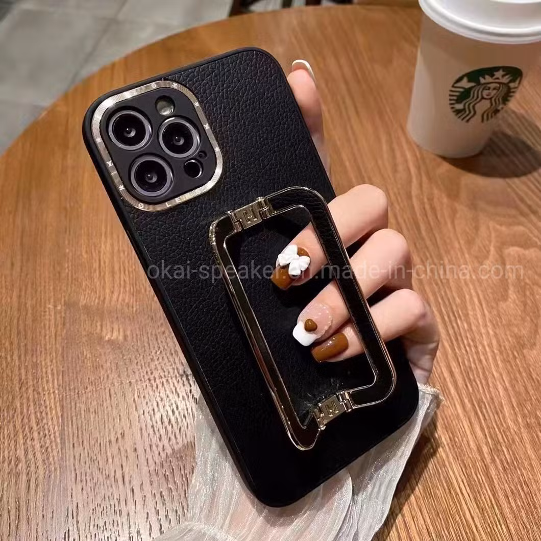 Hot Simple PU Big Metal Stand Holder Cell Mobile Phone Case