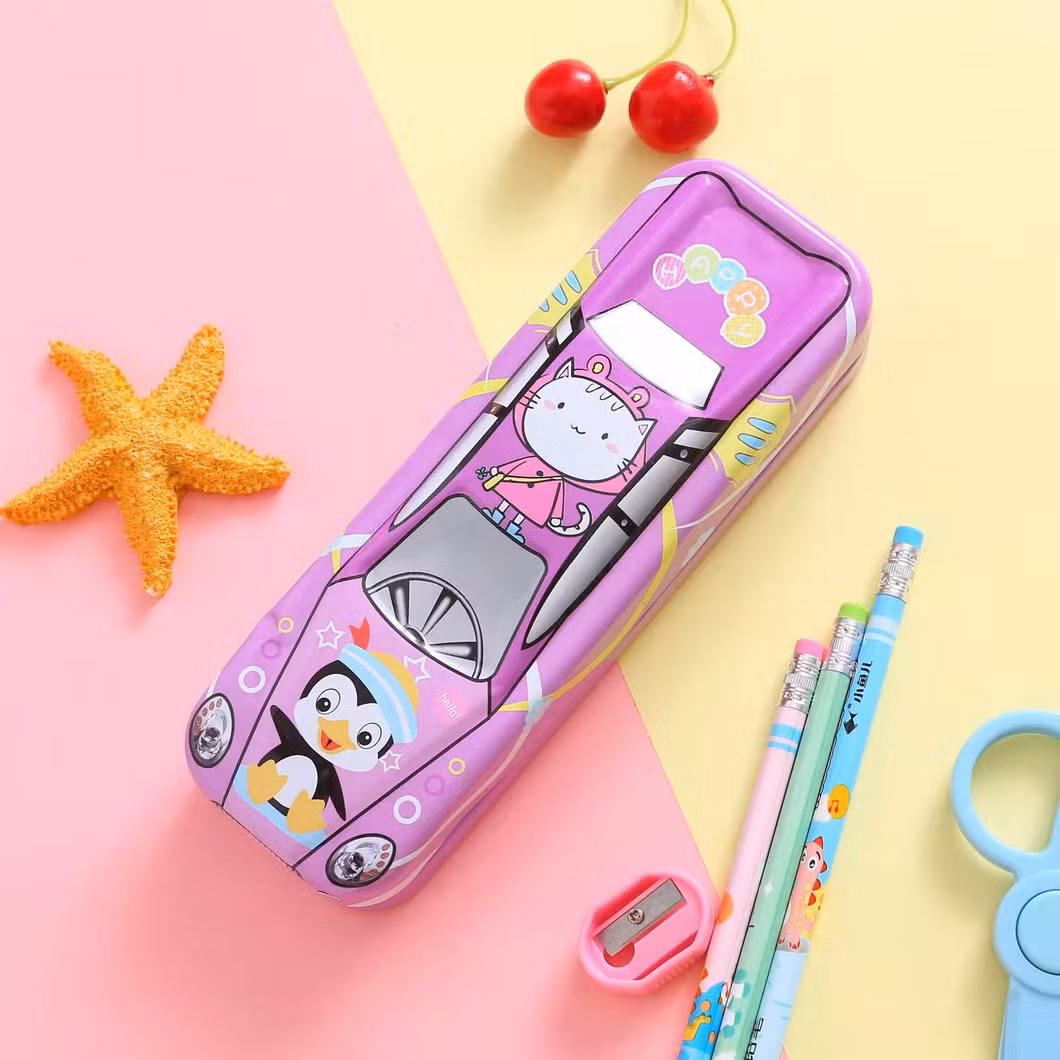 Factory Wholesale Cute Tinplate Pencil Case, Creative 3D Cartoon Car Stationery Box for Children