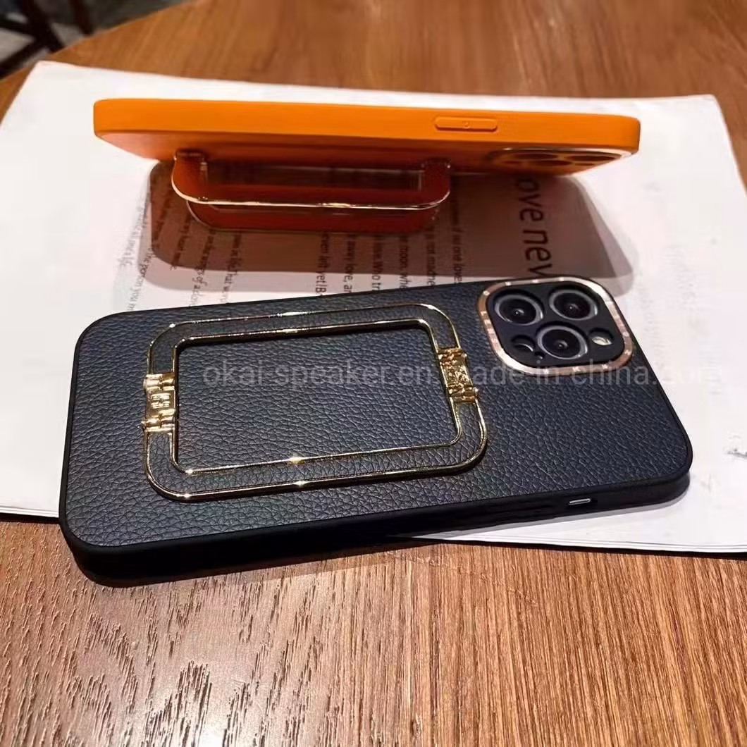 Hot Simple PU Big Metal Stand Holder Cell Mobile Phone Case