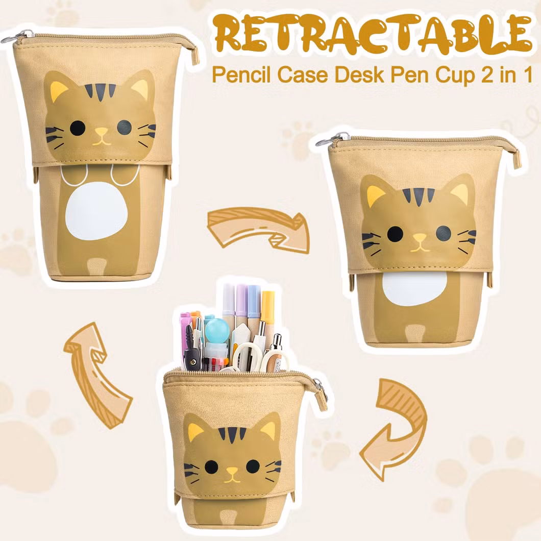 Standing Pencil Case for Girls, Boba Cat Pop up Pencil Case Cute Telescopic Pen Pouch Holder Canvas Zip Kawaii, Kids Students (Brown Cat)