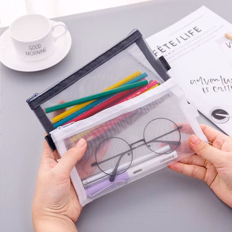 Creative Simple Transparent Mesh Pencil Bag Zipper Stationery Bag