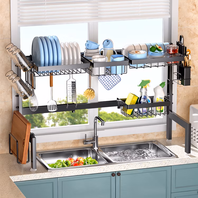 Sanipro Home Organizer 2 Tier Adjustable Over Sink Multifunction Kitchen Shelving Bowl Tray Storage Rack Dish Drainer
