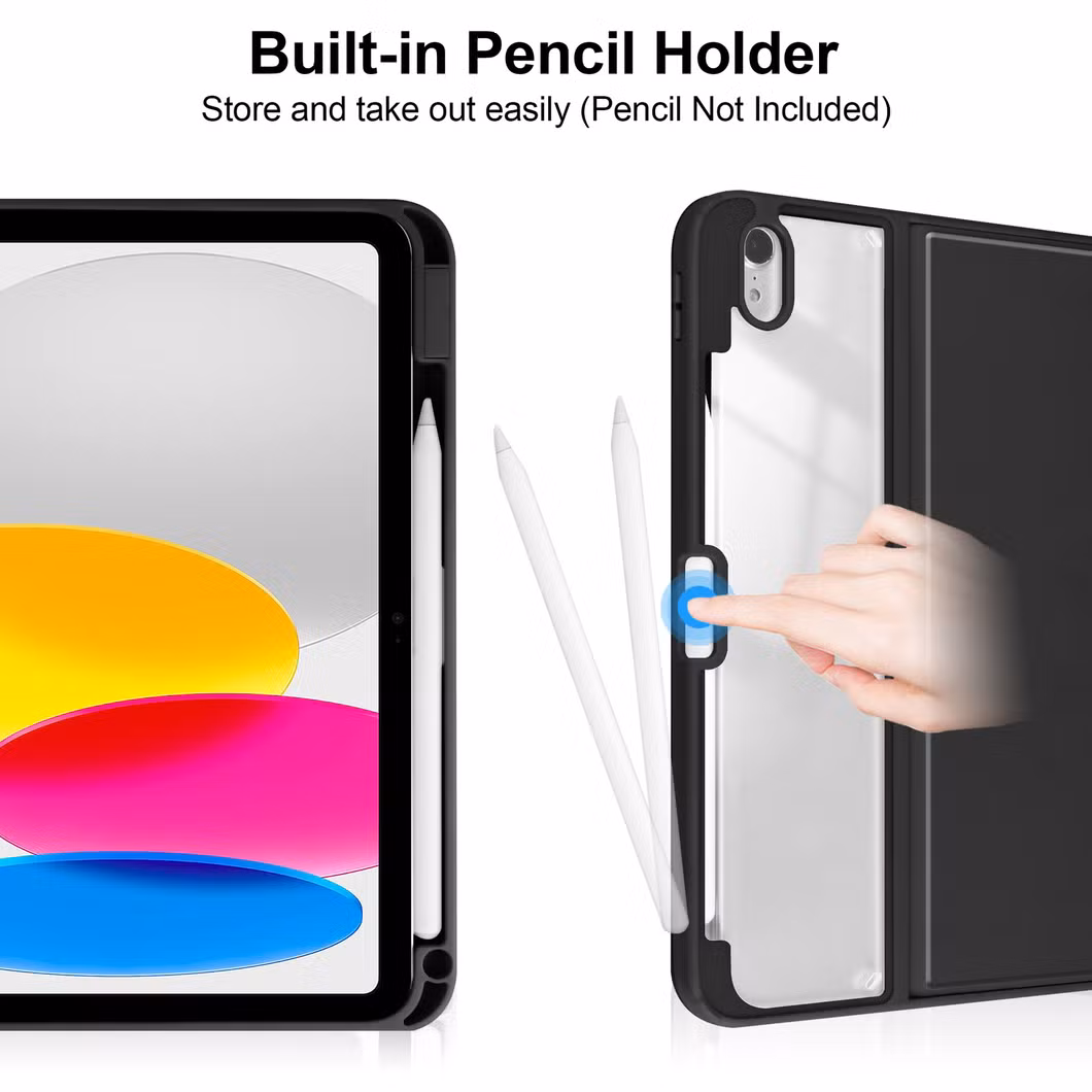 for iPad 10th Gen 2022 Tablet Case with Pen Holder Trifold Acrylic Clear Back Hard Cover Transparent