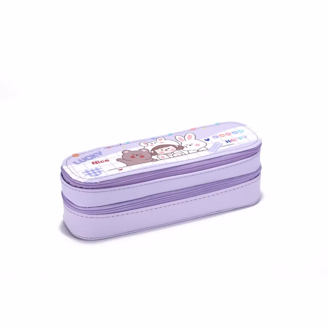Wholesale Full Color Printing PU Pencil Pouch Bags Cases with 2 Layers and 2 Zippers for School Office Student Boys &amp; Girls