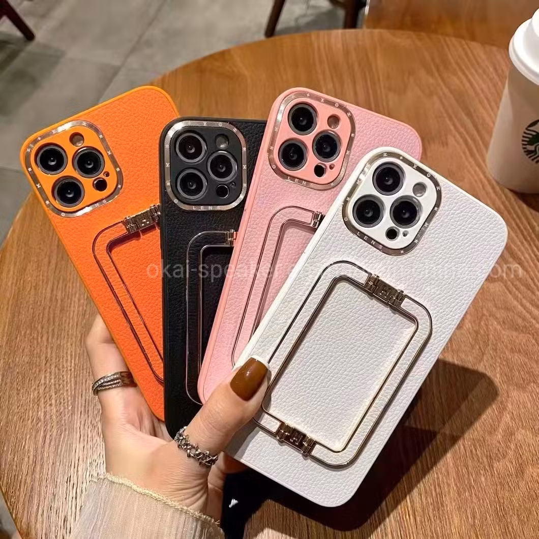 Hot Simple PU Big Metal Stand Holder Cell Mobile Phone Case