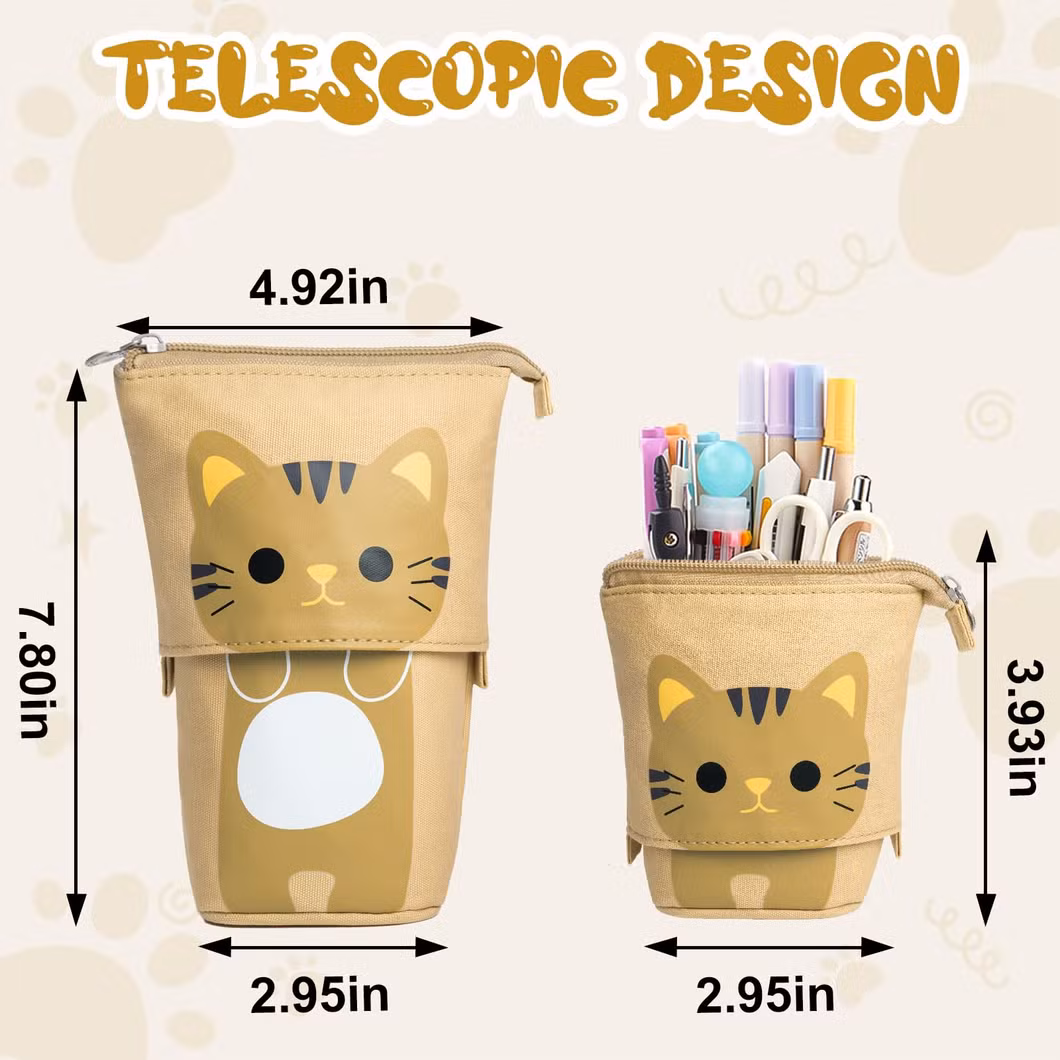 Standing Pencil Case for Girls, Boba Cat Pop up Pencil Case Cute Telescopic Pen Pouch Holder Canvas Zip Kawaii, Kids Students (Brown Cat)