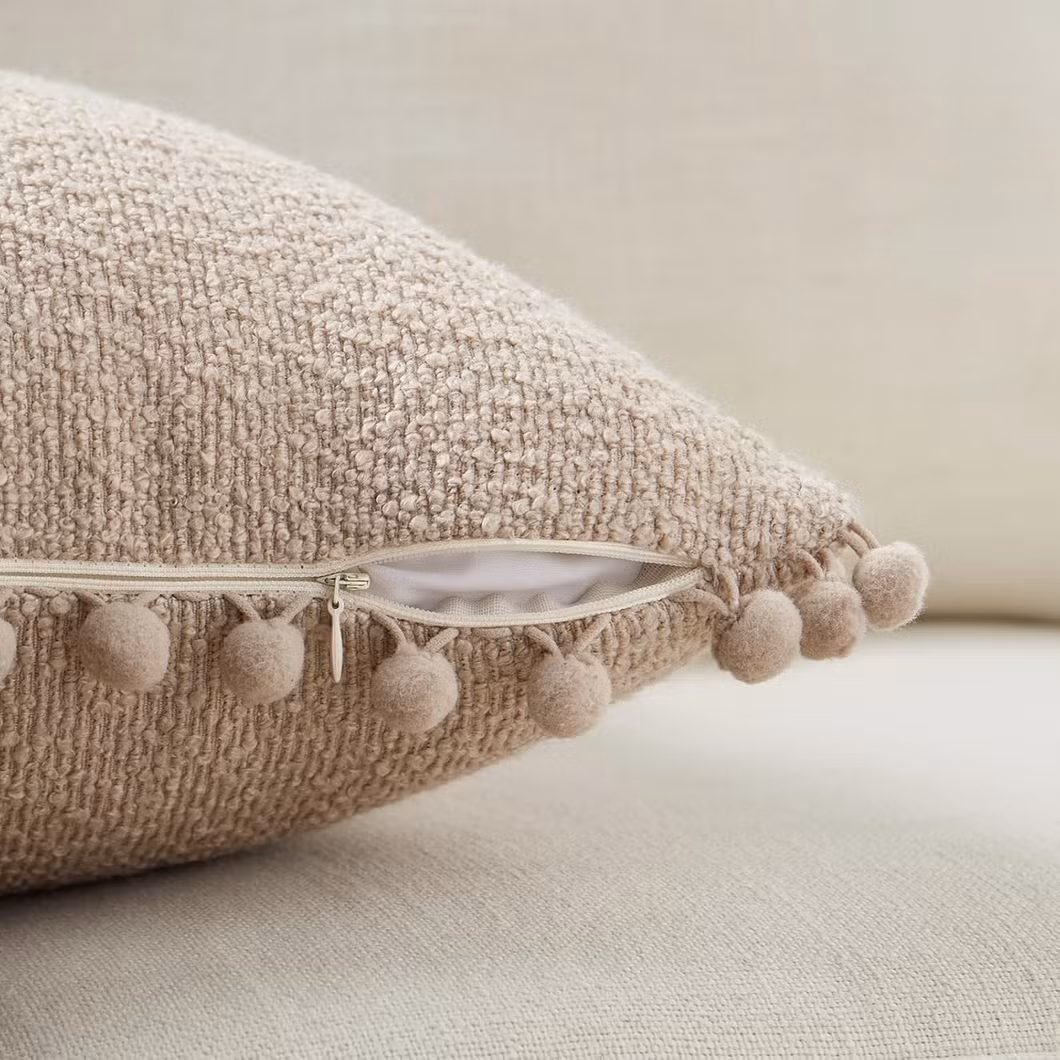 Textured Boucle Decorative Throw Pillow Cases with POM Poms for Couch Sofa Bedroom Aesthetic Modern Boho Home Decor