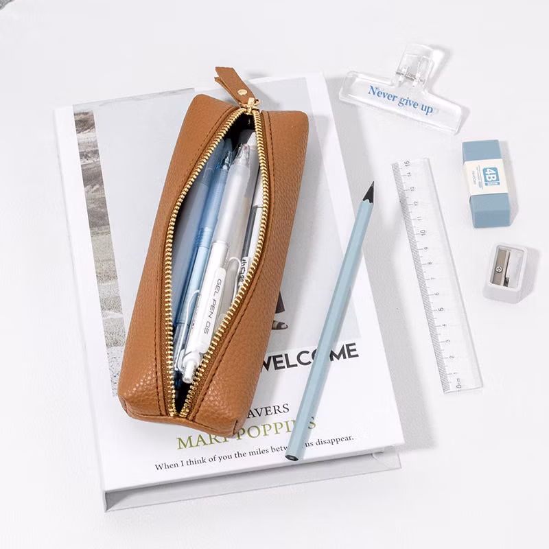 Simple Design Genuine Pebble Leather School Pencil Case Office Zipper Pen Pouch Bag for Girls