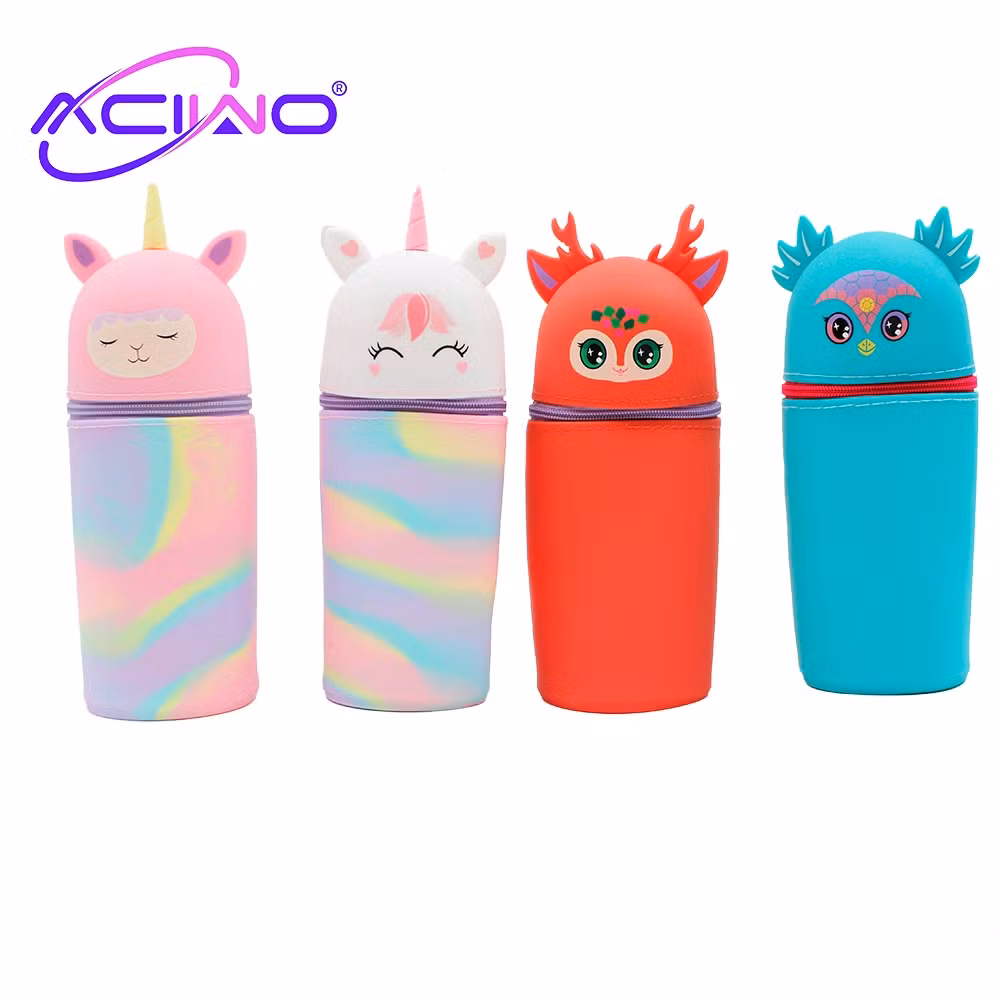 Cute Unicorn-Shaped Animal Silicone Large Capacity Expandable Student Pencil Case Zipper Style Pen Bag for Stationery Cosmetics Lipstick Storage (10252)