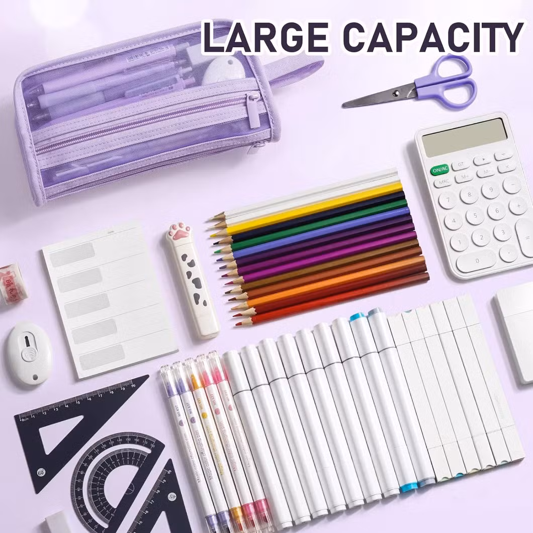 Mesh Pencil Case with Handle Zipper Clear Double Layer Pen Bag