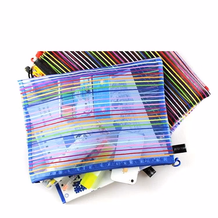 Rainbow Colors Mesh Plastic Fabric Pencil Bags with Zipper