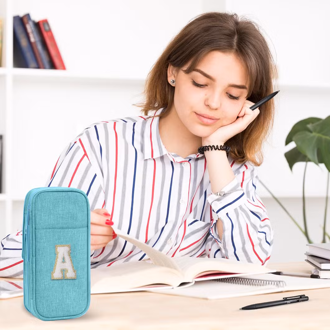 Preppy Pencil Case for School Supplies, Large Initial Pencil Pouch with Zipper, Cute Pencil Bag for Office Supplies, Aesthetic Pen Case Box for Kids Teen Girls