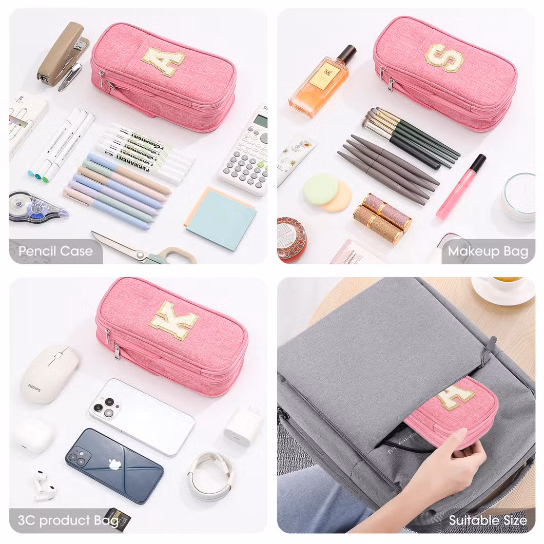 Preppy Pencil Case for School Supplies, Large Initial Pencil Pouch with Zipper, Cute Pencil Bag for Office Supplies, Aesthetic Pen Case Box for Kids Teen Girls