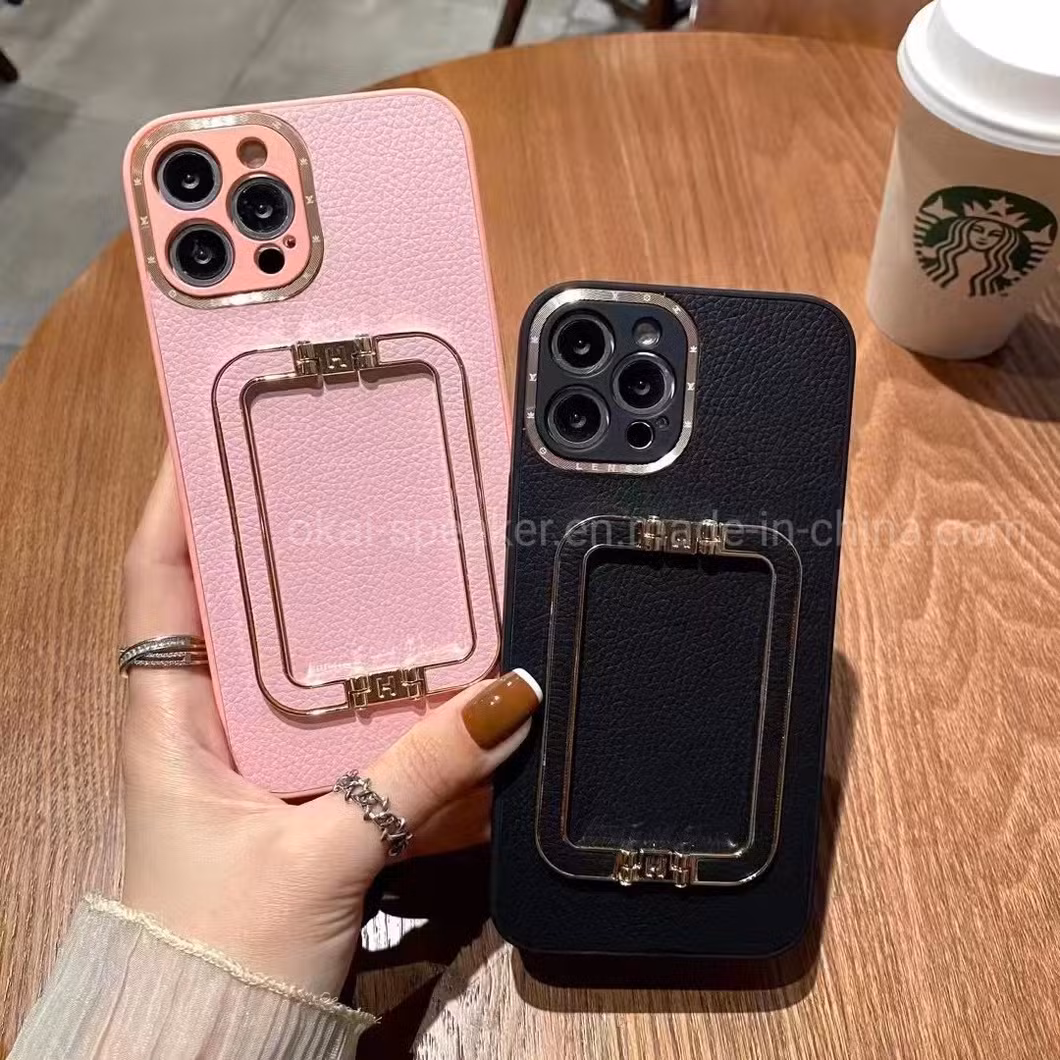 Hot Simple PU Big Metal Stand Holder Cell Mobile Phone Case