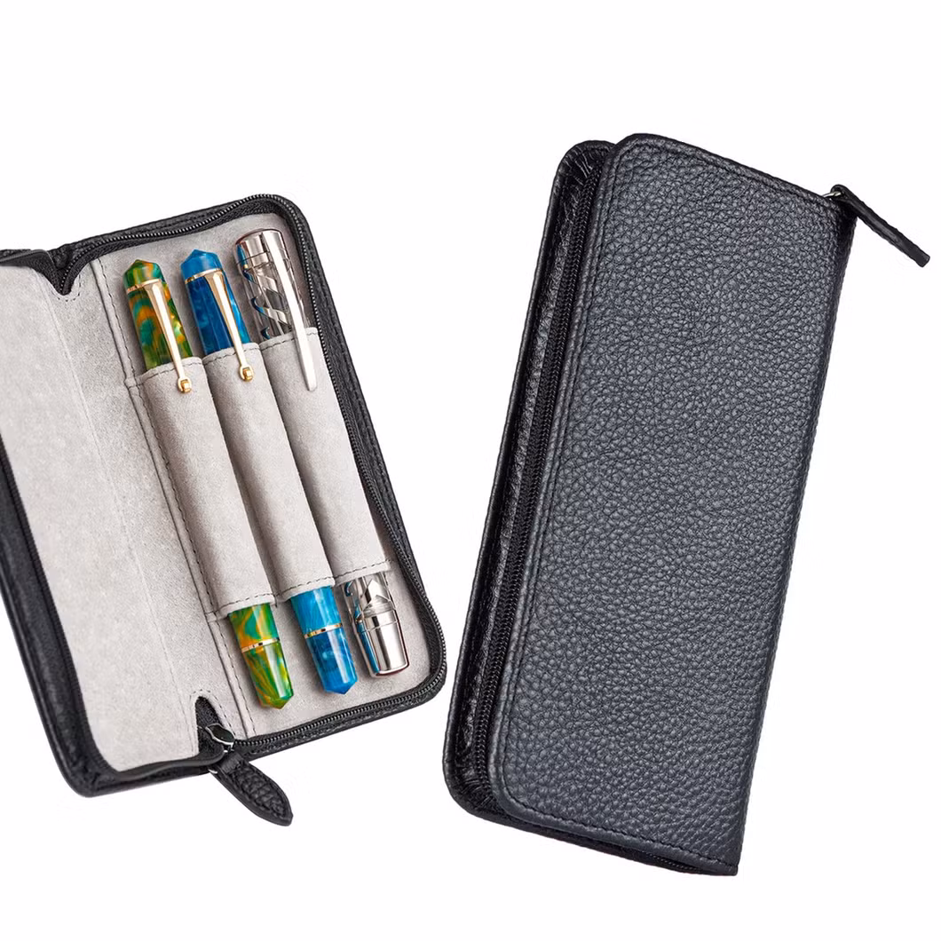Leather Fountain Pen Case Zippered Pencil Bag Pouch