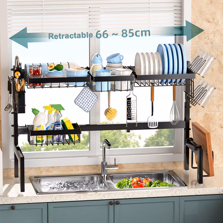 Sanipro Home Organizer 2 Tier Adjustable Over Sink Multifunction Kitchen Shelving Bowl Tray Storage Rack Dish Drainer