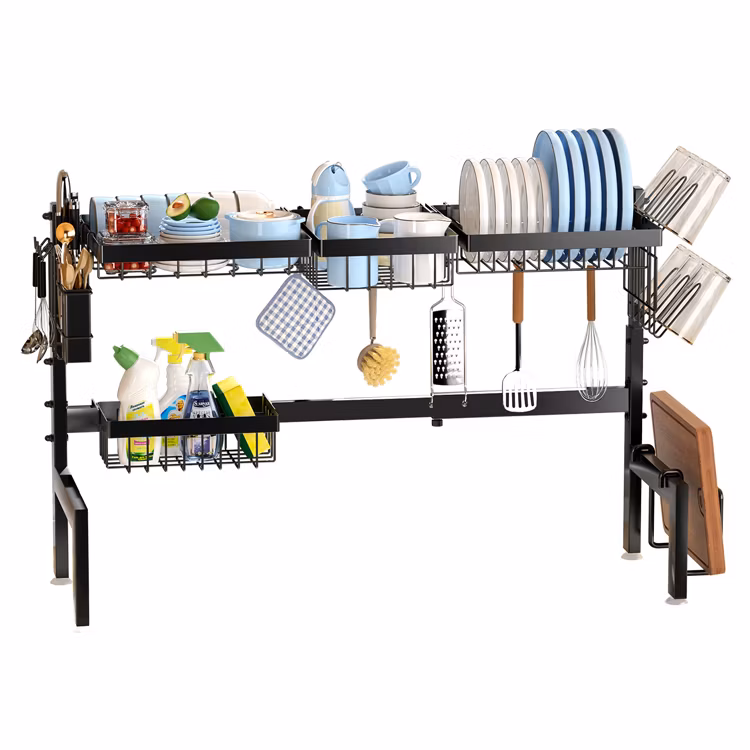 Sanipro Home Organizer 2 Tier Adjustable Over Sink Multifunction Kitchen Shelving Bowl Tray Storage Rack Dish Drainer