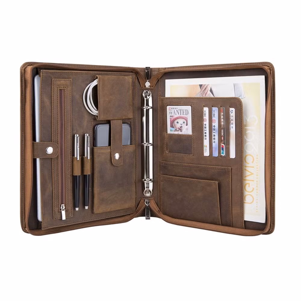 File Folder Pad Ring Binder A4 Vintage Looking Genuine Leather Portfolio