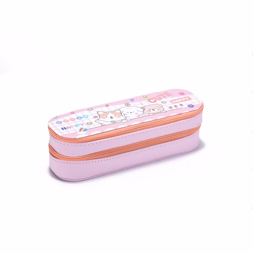 Wholesale Full Color Printing PU Pencil Pouch Bags Cases with 2 Layers and 2 Zippers for School Office Student Boys &amp; Girls