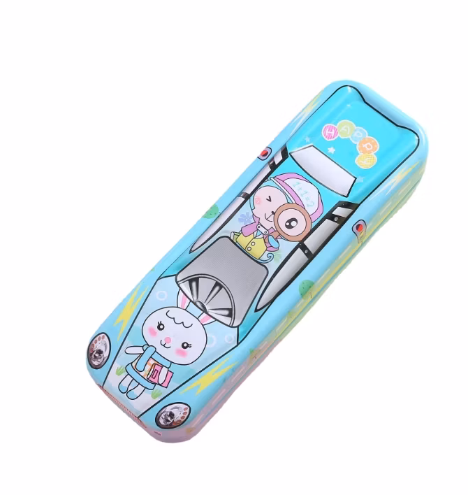Factory Wholesale Cute Tinplate Pencil Case, Creative 3D Cartoon Car Stationery Box for Children