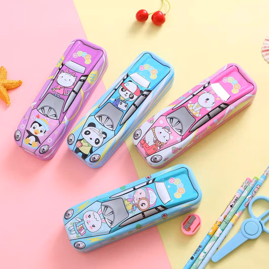 Factory Wholesale Cute Tinplate Pencil Case, Creative 3D Cartoon Car Stationery Box for Children