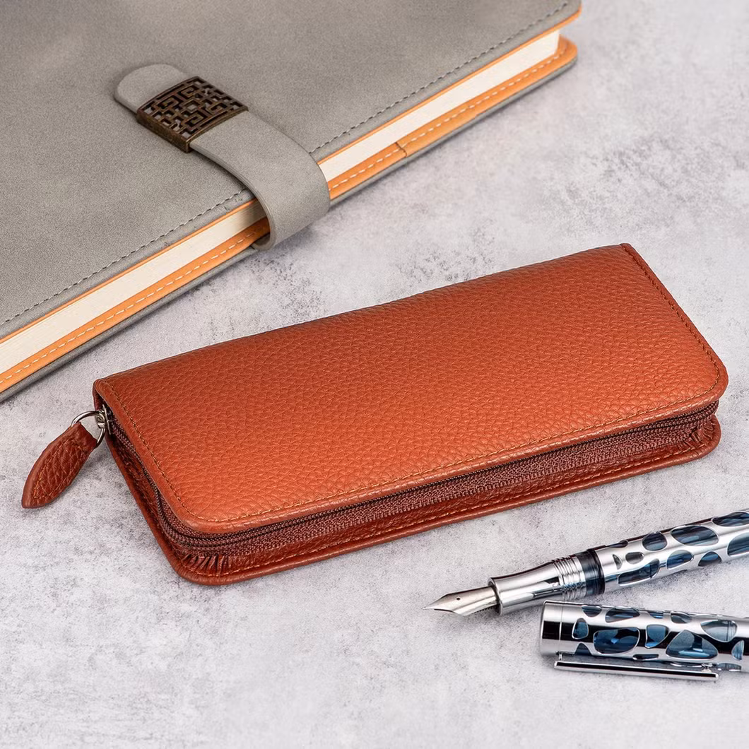 Leather Fountain Pen Case Zippered Pencil Bag Pouch