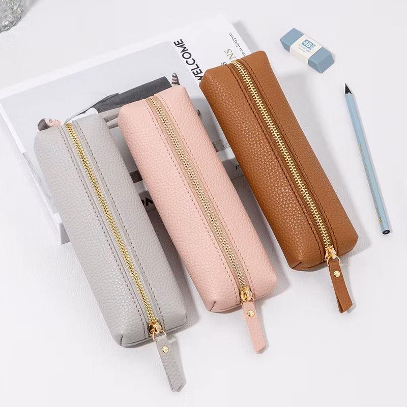 Simple Design Genuine Pebble Leather School Pencil Case Office Zipper Pen Pouch Bag for Girls