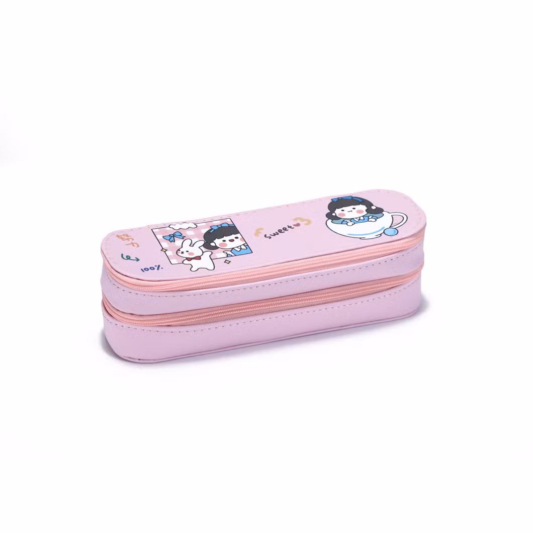 Wholesale Full Color Printing PU Pencil Pouch Bags Cases with 2 Layers and 2 Zippers for School Office Student Boys &amp; Girls