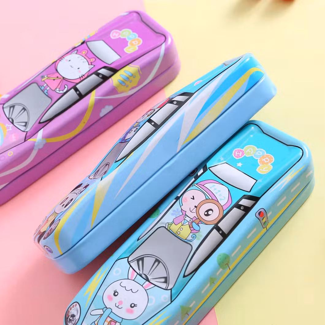 Factory Wholesale Cute Tinplate Pencil Case, Creative 3D Cartoon Car Stationery Box for Children