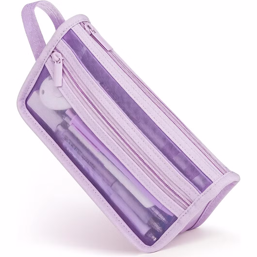 Mesh Pencil Case with Handle Zipper Clear Double Layer Pen Bag