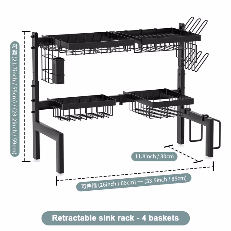 Sanipro Home Organizer 2 Tier Adjustable Over Sink Multifunction Kitchen Shelving Bowl Tray Storage Rack Dish Drainer