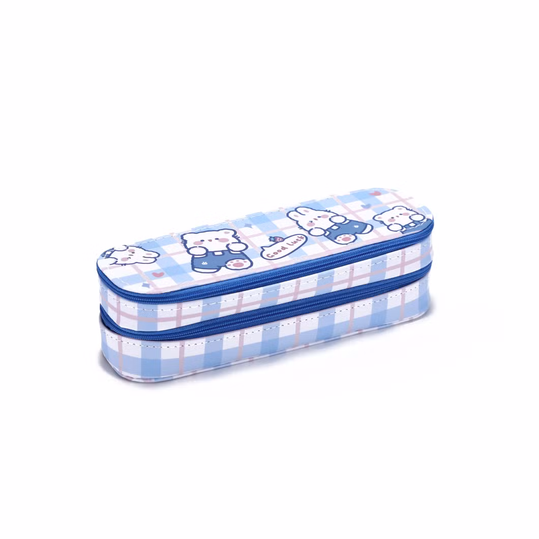 Wholesale Full Color Printing PU Pencil Pouch Bags Cases with 2 Layers and 2 Zippers for School Office Student Boys &amp; Girls