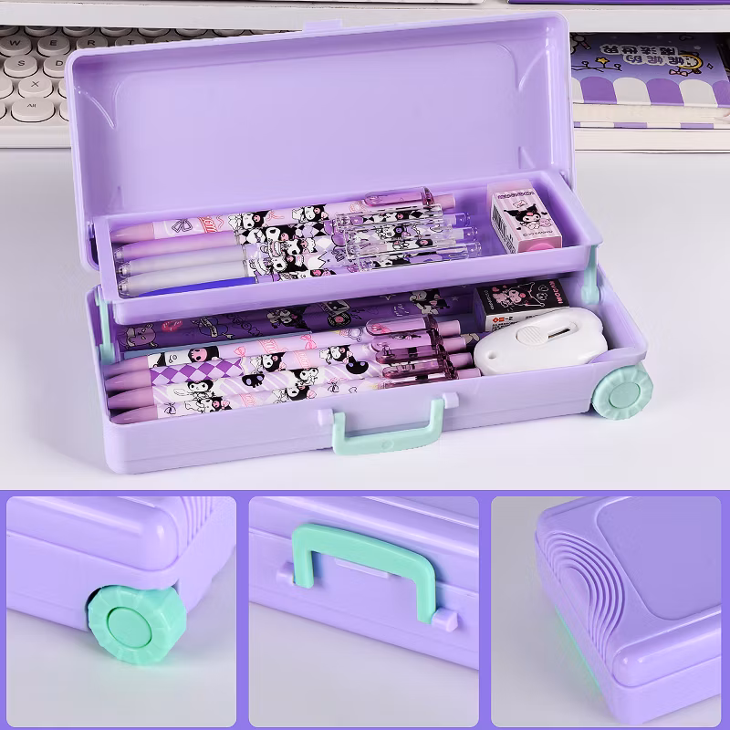 Large Capacity Double-Layer Trolley Case Stationery Box Multifunctional Pencil Case for Students and Children