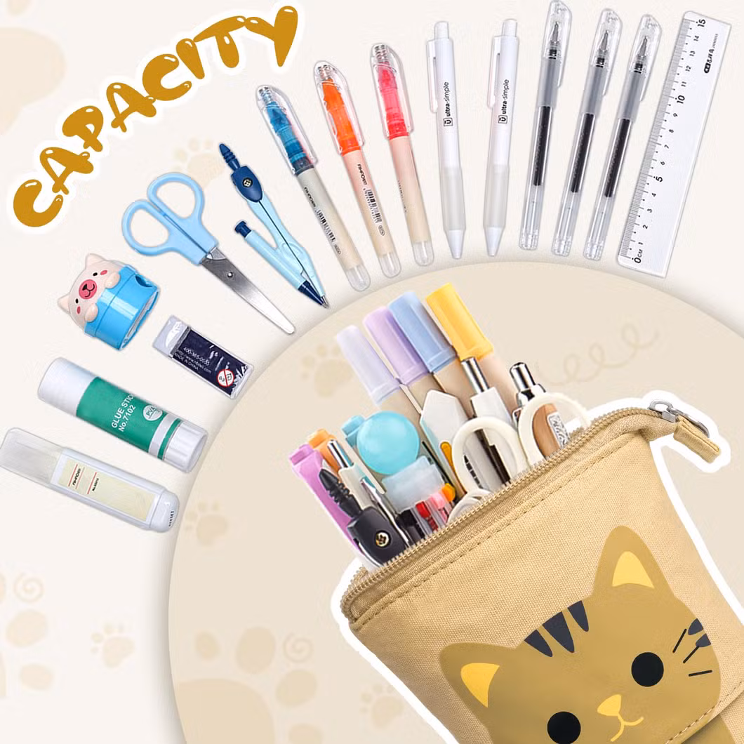 Standing Pencil Case for Girls, Boba Cat Pop up Pencil Case Cute Telescopic Pen Pouch Holder Canvas Zip Kawaii, Kids Students (Brown Cat)