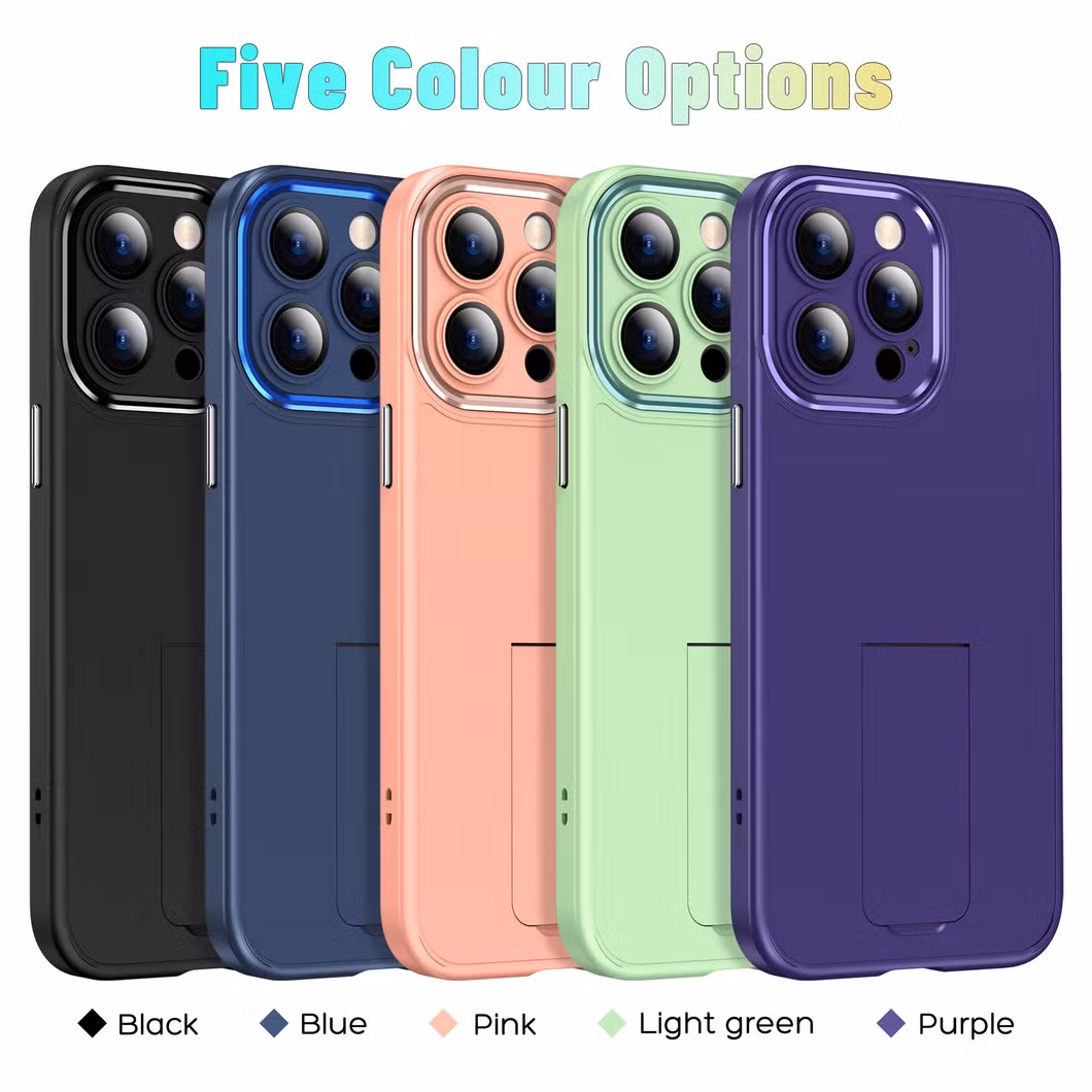 Wireless Charging Protective Lens Mobile Case for iPhone 15 Promax with Portable Stand Metal Frame