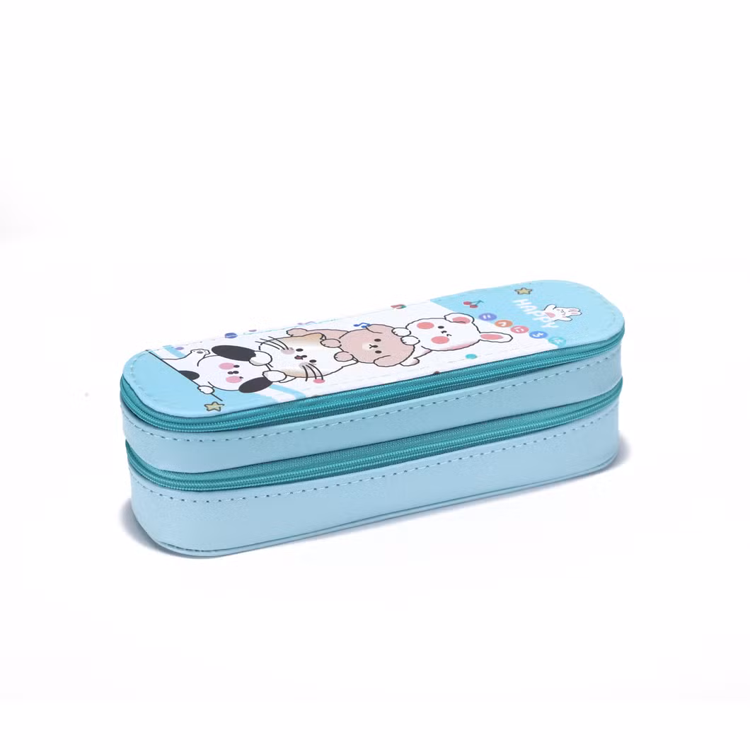 Wholesale Full Color Printing PU Pencil Pouch Bags Cases with 2 Layers and 2 Zippers for School Office Student Boys &amp; Girls