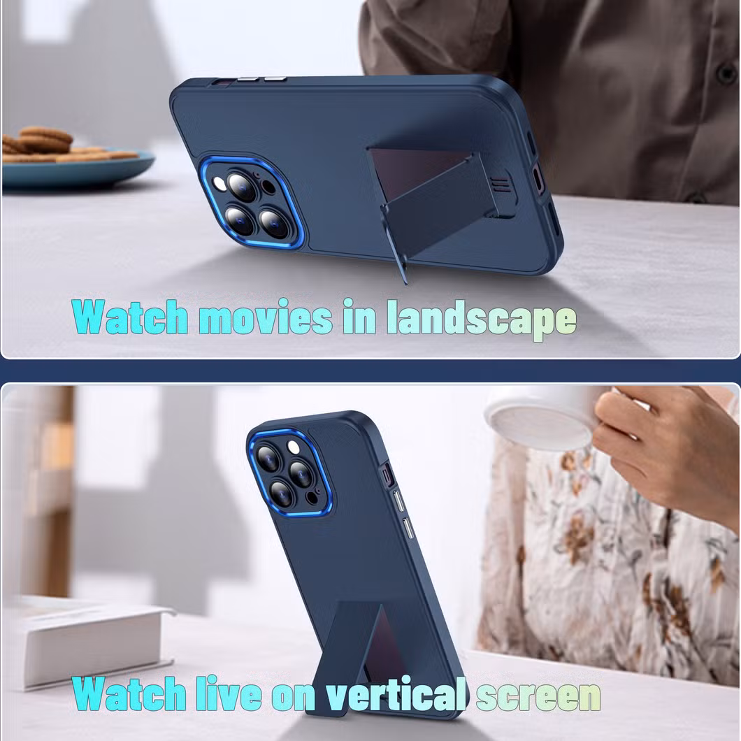 Wireless Charging Protective Lens Mobile Case for iPhone 15 Promax with Portable Stand Metal Frame