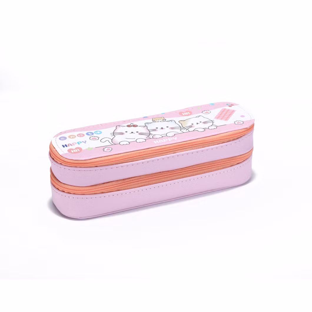 Wholesale Full Color Printing PU Pencil Pouch Bags Cases with 2 Layers and 2 Zippers for School Office Student Boys &amp; Girls