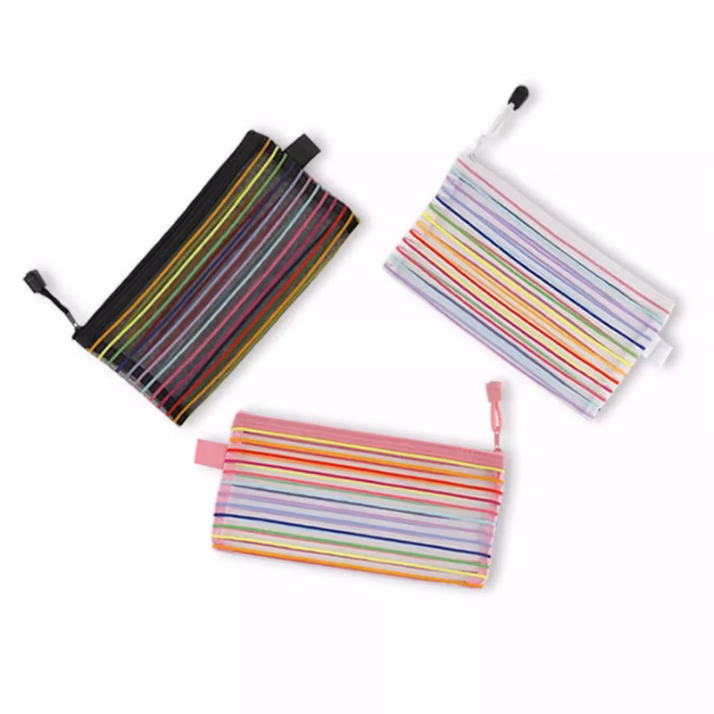 Rainbow Colors Mesh Plastic Fabric Pencil Bags with Zipper