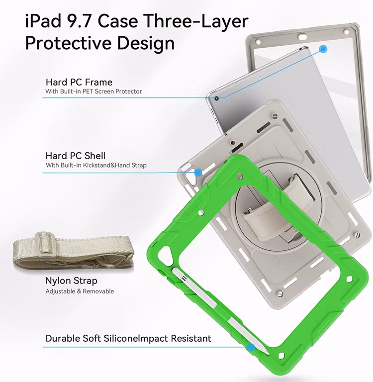 for iPad Air 2/PRO 9.7 Inch Tablet Cover with Pencil Holder Shoulder Strap Rotating Case for iPad 6th/5th Generation