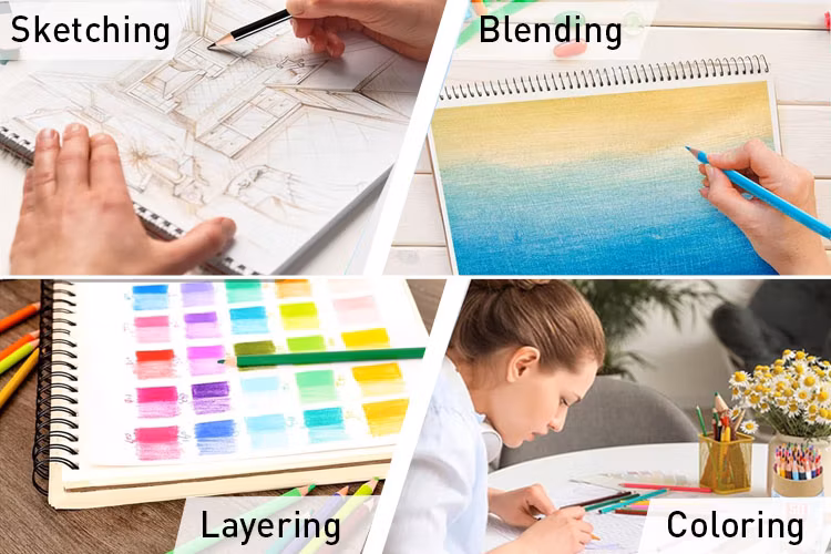 Foska High Quality Sketching Writing and Drawing 12 &amp; 24 Colors Wooden Pencil Set for Adult Coloring Painting Books with Tube