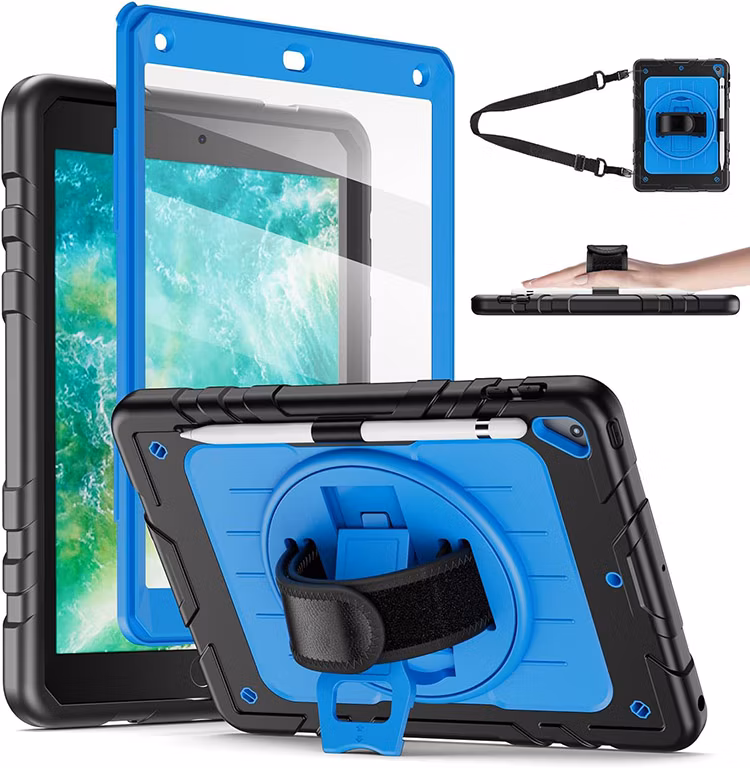 for iPad Air 2/PRO 9.7 Inch Tablet Cover with Pencil Holder Shoulder Strap Rotating Case for iPad 6th/5th Generation