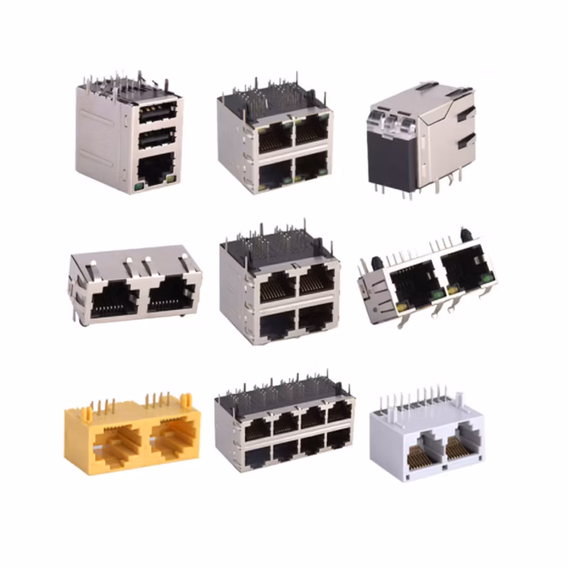 1*2 Port RJ45 Socket Cat5 Angled Jack Connector Shielded Multi Port RJ45 Integrated Magnetics 8p8c PCB Mountable Communication